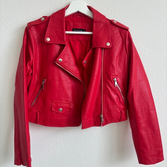 PrettyLittleThing Leather Look Biker Jacket Red - Picture 2 of 4